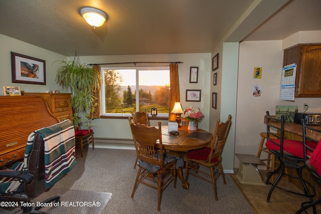 dining space featuring light carpet