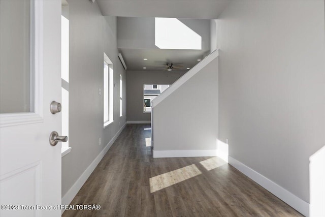 entrance foyer with dark hardwood / wood-style floors and ceiling fan