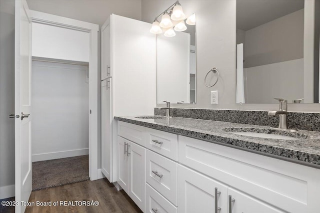 bathroom with wood-type flooring and vanity