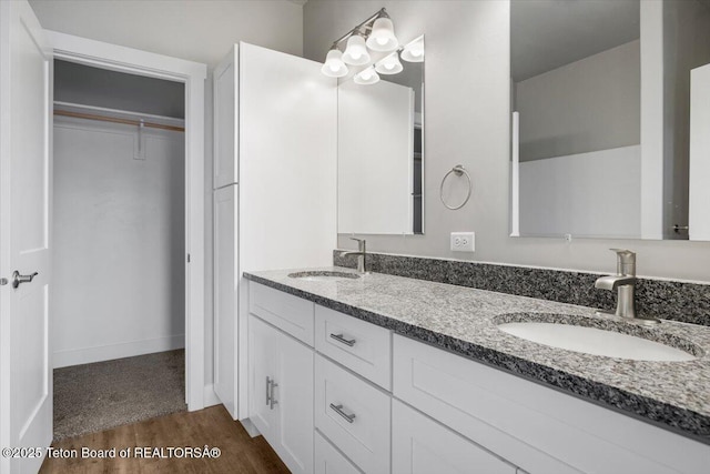 bathroom with vanity and hardwood / wood-style floors