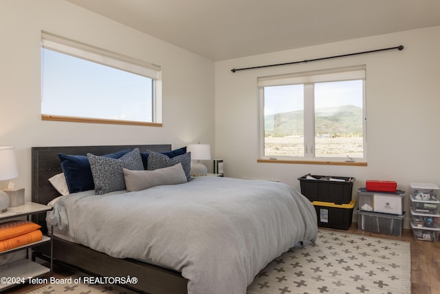 bedroom with multiple windows, wood-type flooring, and a mountain view