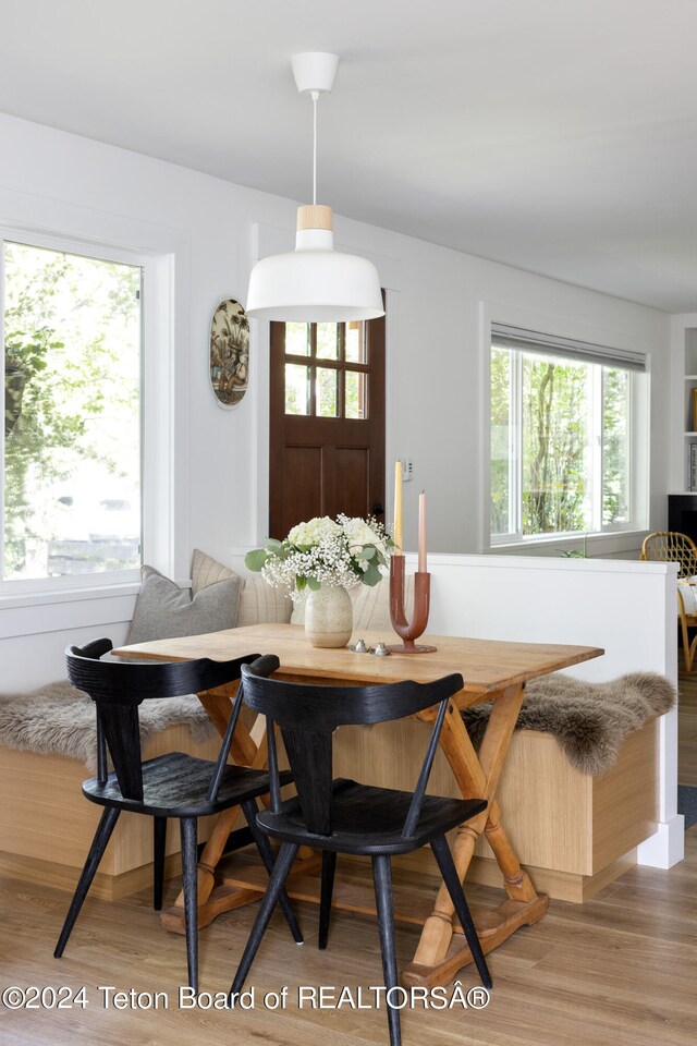 dining area featuring hardwood / wood-style floors, breakfast area, and a healthy amount of sunlight