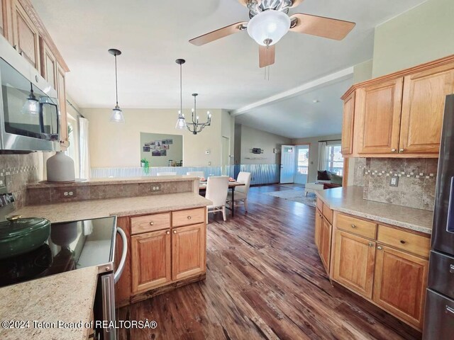 kitchen featuring stove, dark wood-type flooring, lofted ceiling with beams, ceiling fan with notable chandelier, and decorative backsplash