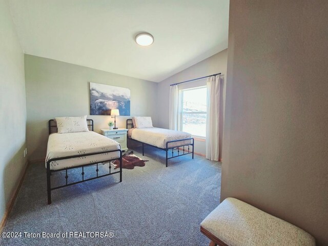 carpeted bedroom featuring vaulted ceiling