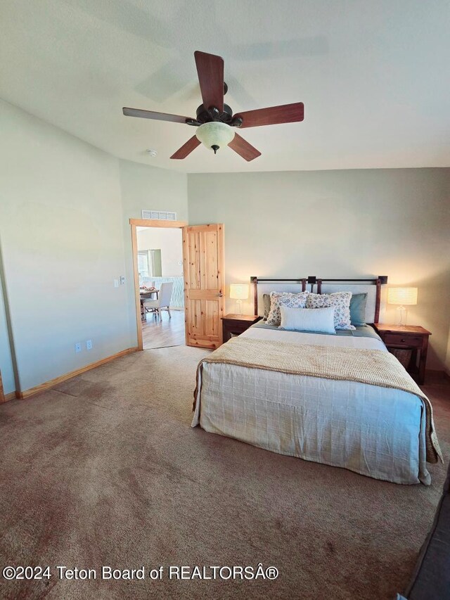 bedroom featuring carpet flooring and ceiling fan