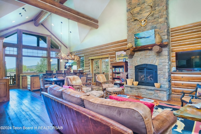 living room with beam ceiling, wood-type flooring, high vaulted ceiling, log walls, and a fireplace