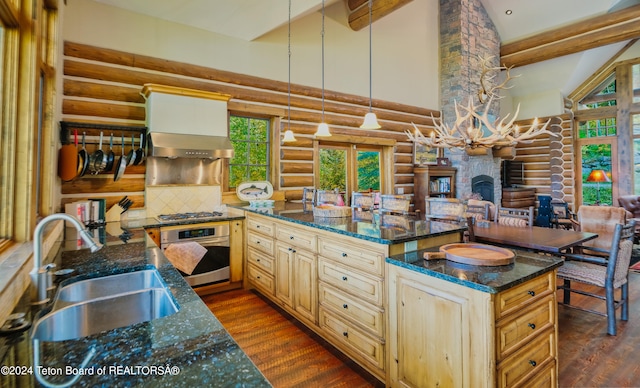 kitchen featuring dark hardwood / wood-style floors, log walls, ventilation hood, sink, and appliances with stainless steel finishes