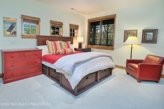 bedroom featuring light colored carpet