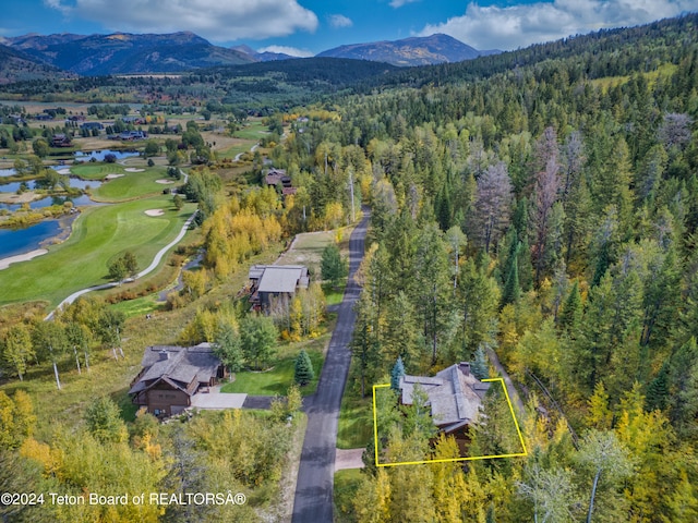 aerial view featuring a water and mountain view