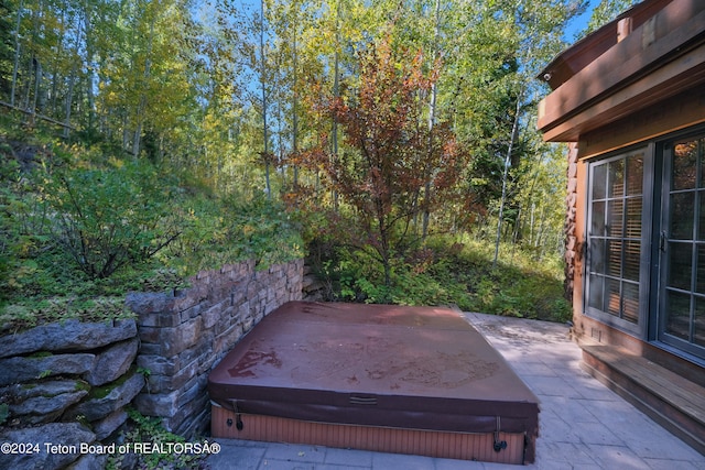 view of yard featuring a covered hot tub and a patio area