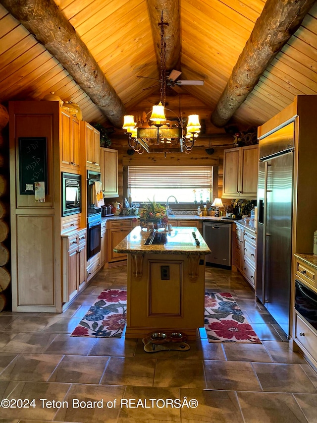 kitchen with wood ceiling, a kitchen island, built in appliances, a breakfast bar area, and light stone countertops