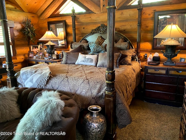 bedroom featuring vaulted ceiling with beams, multiple windows, wooden ceiling, and carpet flooring