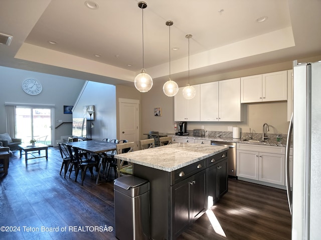 kitchen with white cabinets, hanging light fixtures, sink, dark wood-type flooring, and appliances with stainless steel finishes