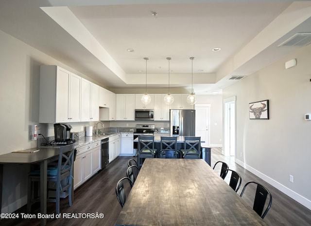 kitchen with white cabinetry, dark hardwood / wood-style flooring, pendant lighting, stainless steel appliances, and sink