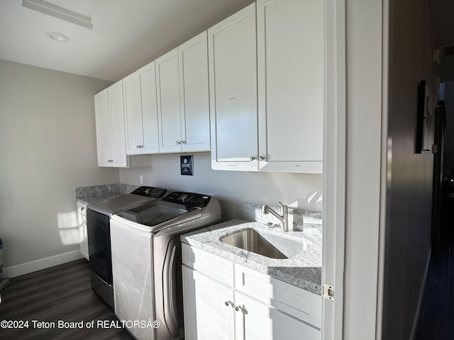 123 Creekside Ln, Swan Valley, ID 83449 - laundry area featuring washing machine and clothes dryer, cabinet space, baseboards, dark wood-style flooring, and recessed lighting