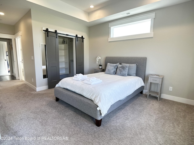 carpeted bedroom with a barn door