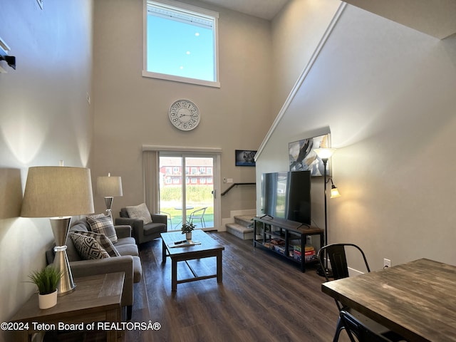 living room featuring a towering ceiling and dark hardwood / wood-style flooring