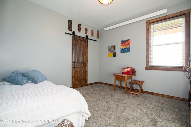 carpeted bedroom with a barn door