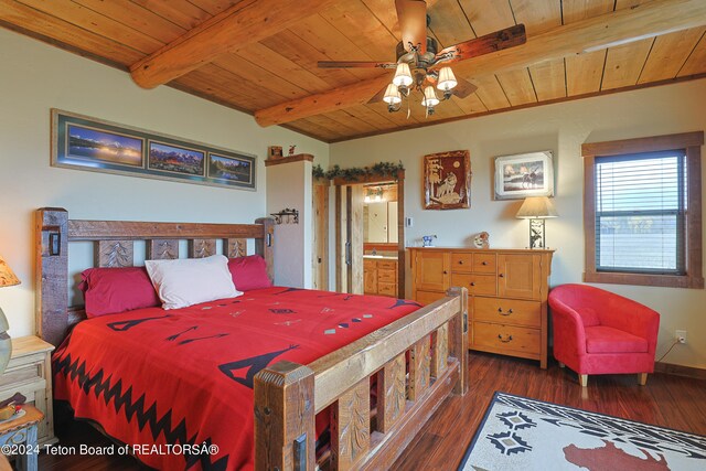 4120 W 9500 N, Tetonia, ID 83452 - bedroom with ensuite bathroom, ceiling fan, beamed ceiling, wooden ceiling, and dark wood-type flooring