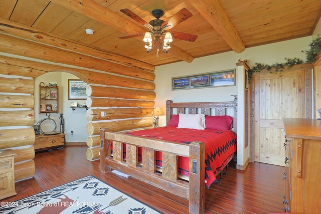 4120 W 9500 N, Tetonia, ID 83452 - bedroom featuring ceiling fan, wooden ceiling, dark hardwood / wood-style floors, beamed ceiling, and log walls