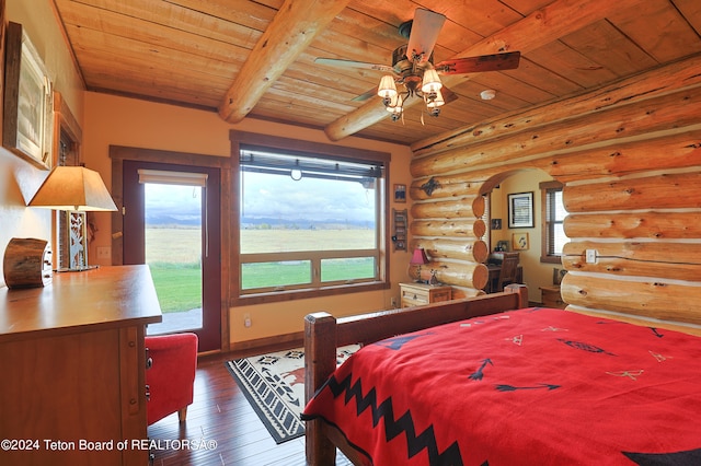 4120 W 9500 N, Tetonia, ID 83452 - bedroom with log walls, beamed ceiling, wood ceiling, and dark hardwood / wood-style flooring