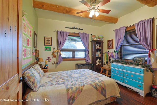 4120 W 9500 N, Tetonia, ID 83452 - bedroom featuring beamed ceiling, ceiling fan, and dark hardwood / wood-style flooring