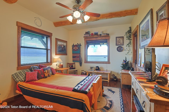 4120 W 9500 N, Tetonia, ID 83452 - bedroom with ceiling fan, beamed ceiling, and dark hardwood / wood-style flooring