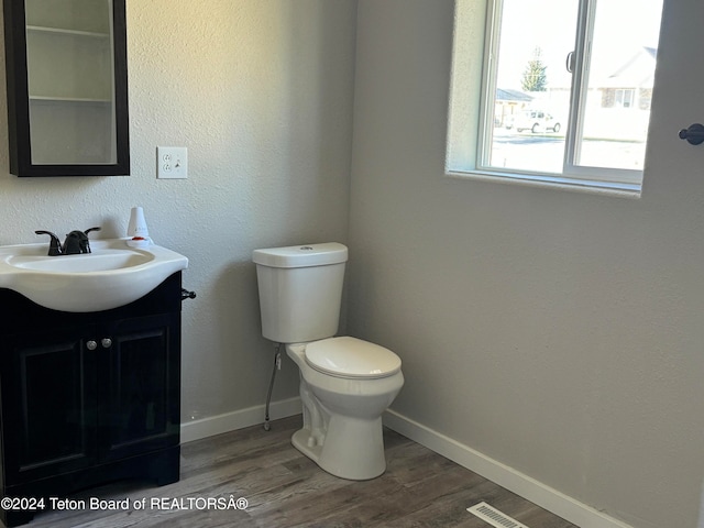 bathroom with hardwood / wood-style floors, vanity, and toilet