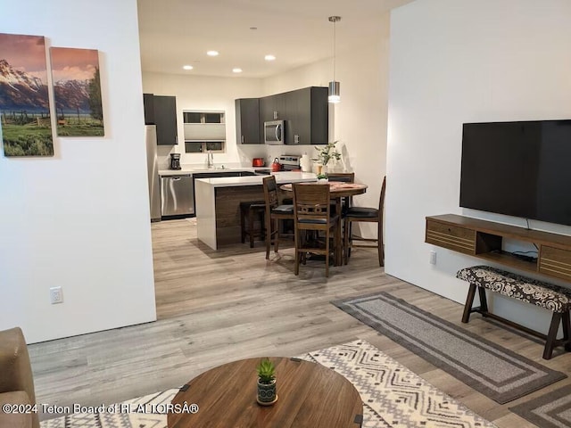 living room with sink and light hardwood / wood-style flooring