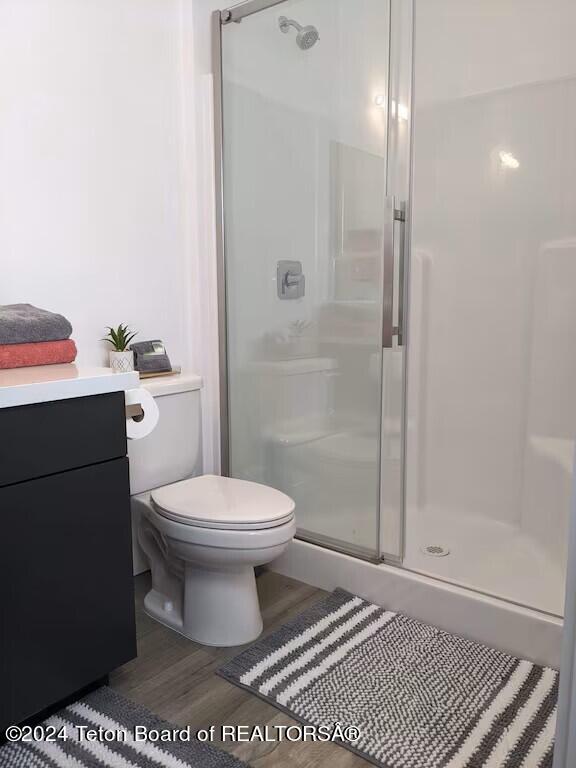 bathroom featuring hardwood / wood-style floors, vanity, toilet, and a shower with shower door