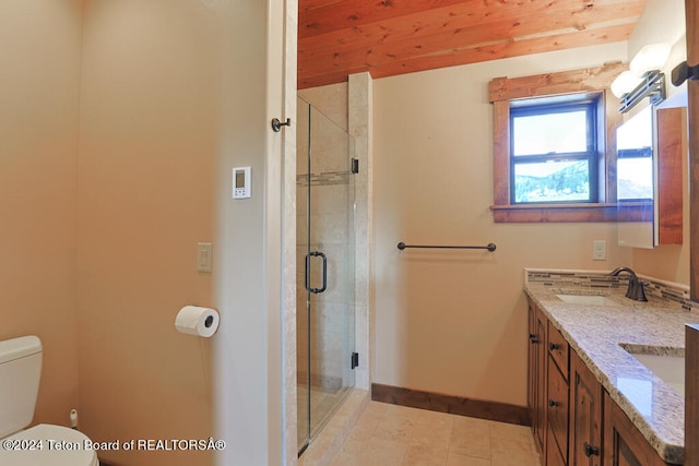 bathroom featuring vanity, toilet, wooden ceiling, tile patterned flooring, and a shower with door