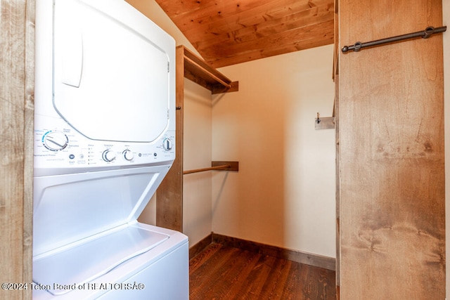 washroom with stacked washer and clothes dryer, wood ceiling, and dark hardwood / wood-style floors