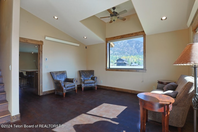 sitting room with vaulted ceiling and ceiling fan