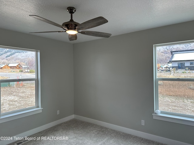 empty room featuring ceiling fan, plenty of natural light, and a textured ceiling