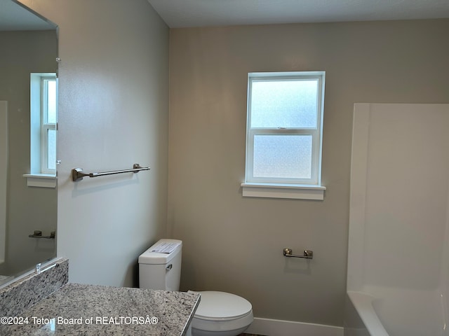 bathroom featuring vanity, a bathing tub, and toilet