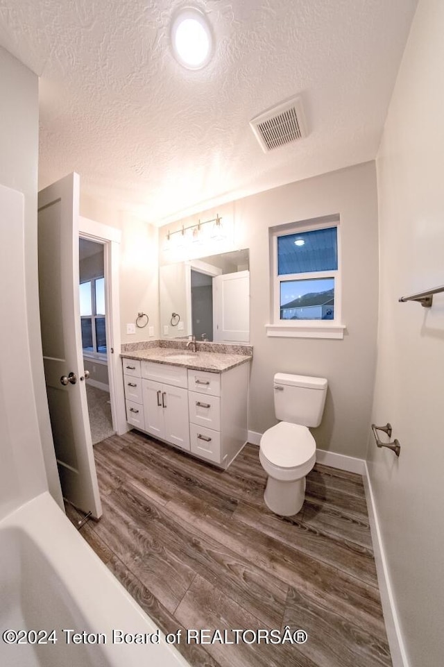 bathroom featuring hardwood / wood-style flooring, vanity, toilet, and a textured ceiling