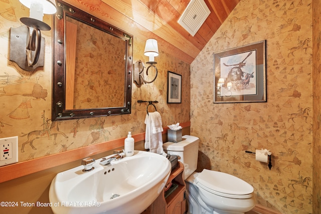 bathroom with sink, lofted ceiling, and toilet