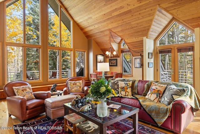 living room featuring wood ceiling, wood-type flooring, high vaulted ceiling, and a notable chandelier