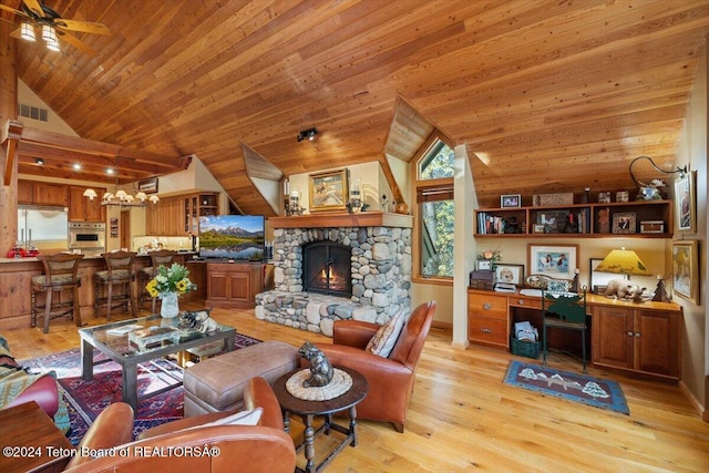 living room featuring lofted ceiling, a stone fireplace, wooden ceiling, and light hardwood / wood-style flooring