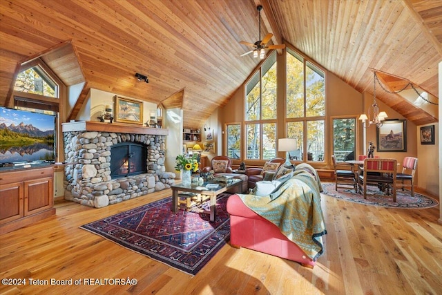 living room featuring light wood-type flooring, high vaulted ceiling, a stone fireplace, and wooden ceiling