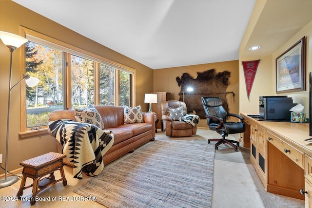 home office with plenty of natural light and light colored carpet