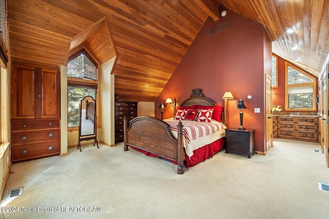 carpeted bedroom featuring high vaulted ceiling, beamed ceiling, and wooden ceiling