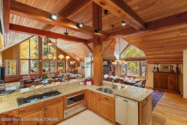 kitchen with light wood-type flooring, a wealth of natural light, stainless steel dishwasher, and a chandelier