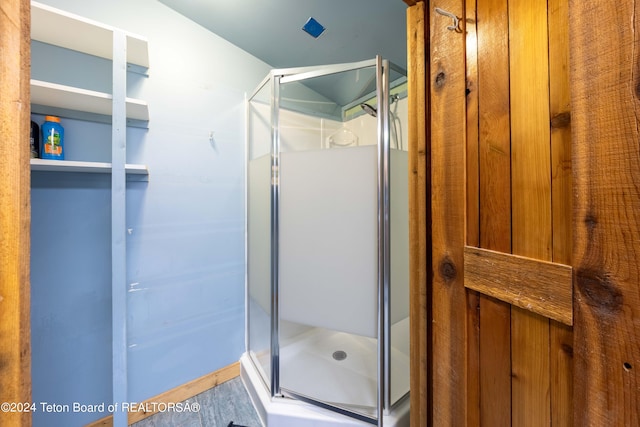 bathroom featuring a shower with door and hardwood / wood-style floors