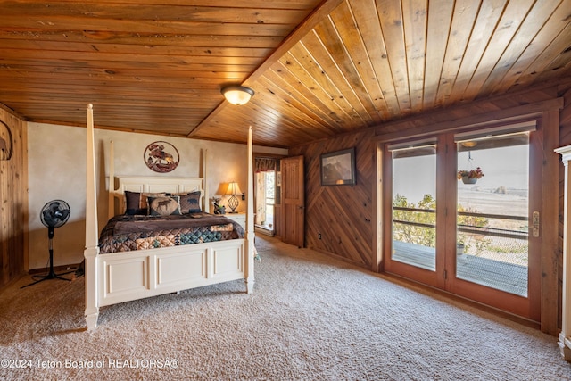 65 Bald Mountain Rd, Dubois, WY 82513 - carpeted bedroom with multiple windows, wood ceiling, access to outside, and wooden walls