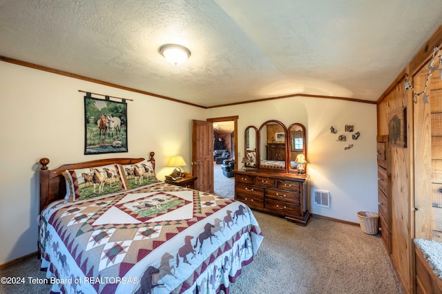 65 Bald Mountain Rd, Dubois, WY 82513 - carpeted bedroom featuring crown molding, a textured ceiling, and baseboards