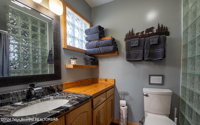 bathroom featuring walk in shower, vanity, and toilet