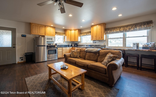 living room featuring ceiling fan, dark hardwood / wood-style floors, and sink