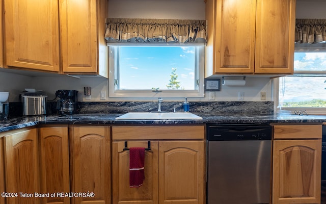 kitchen featuring dark stone countertops, a healthy amount of sunlight, sink, and dishwasher