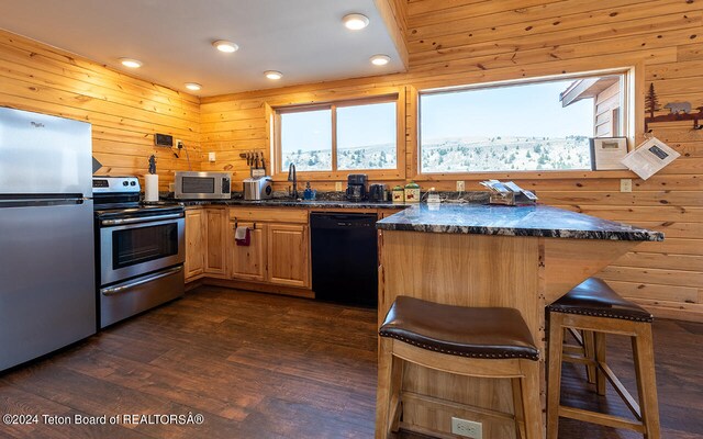 kitchen featuring dark hardwood / wood-style flooring, a kitchen breakfast bar, wooden walls, kitchen peninsula, and appliances with stainless steel finishes